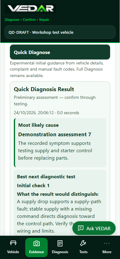 The real VEDAR Quick Diagnosis interface, showing a provisional assessment and recommended next test using demonstration data.